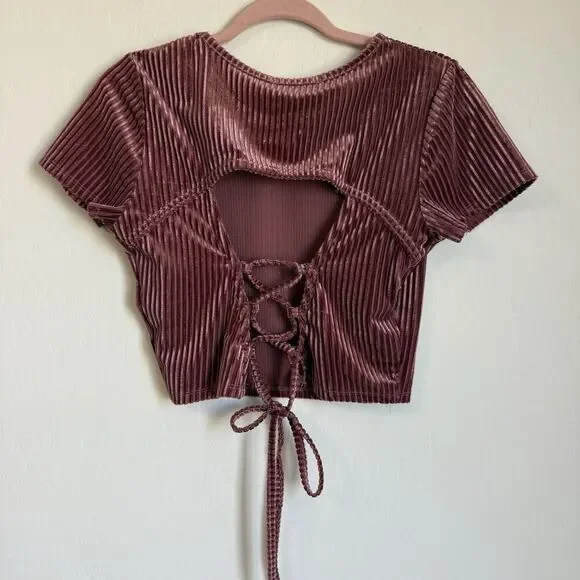 No Comment Y2K Velvet Ribbed Open Back Baby Tee Large Pink Mauve Boho Festival - Picture 5 of 6